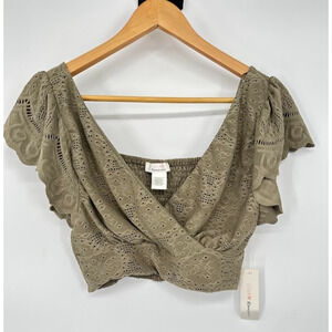 Urban Romantics Ruffle Shoulder Cropped Eyelet Lace Top Large Green Boho Hippie